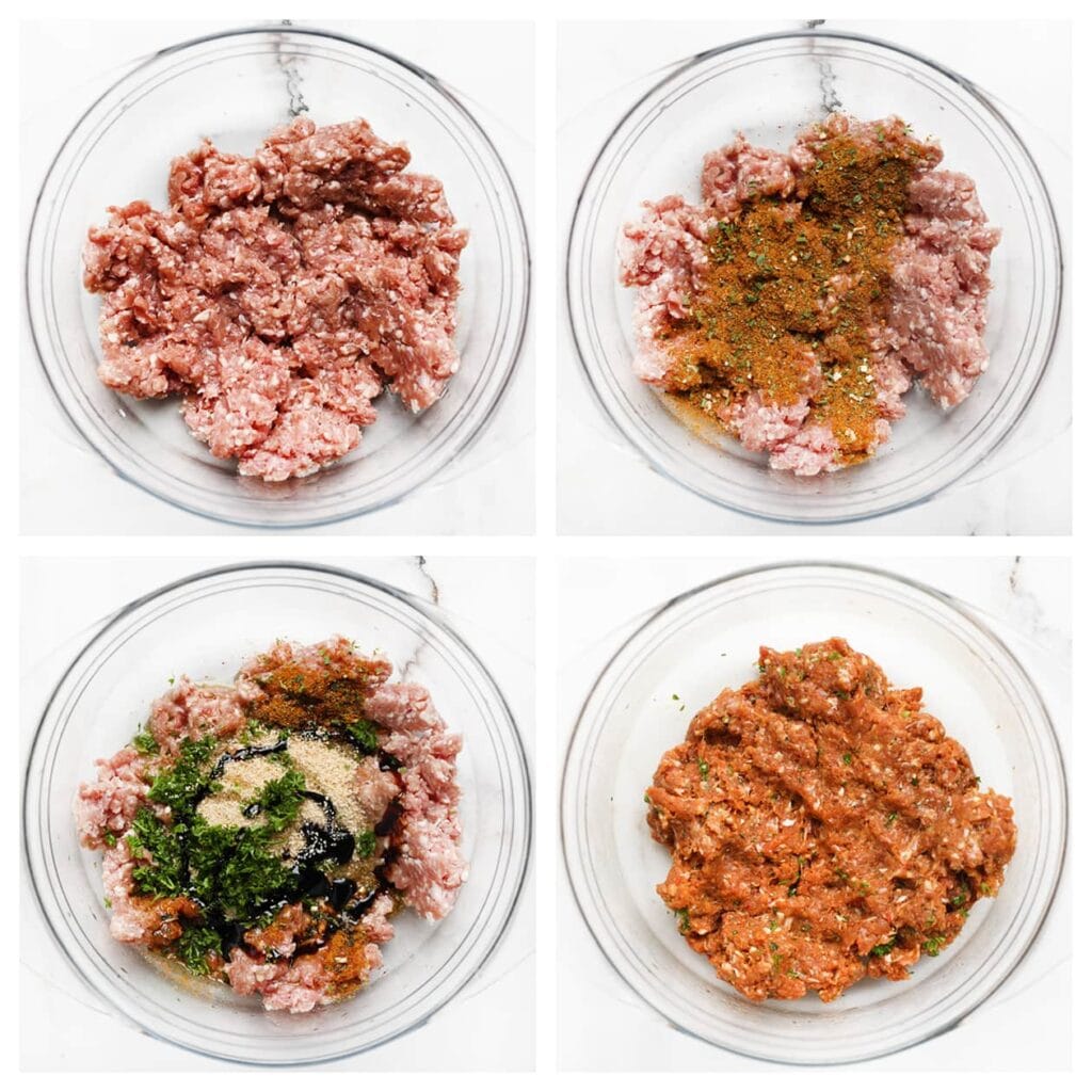 Doe het gehakt, zout, broodkruimels, 8 gram van de kruidenmix, olijfolie, ketjap manis en gehakte peterselie in een diepe kom. Meng goed door elkaar.