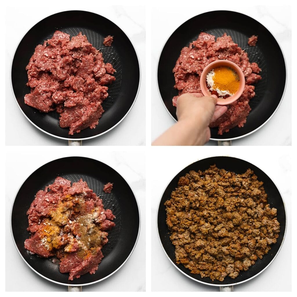 Verhit in een andere koekenpan de olijfolie op middelhoog vuur. Voeg het gehakt toe, samen met het zout, paprikapoeder, cayennepeper, kurkuma, uienpoeder, knoflookpoeder en komijnpoeder. Bak het gehakt in 7-8 minuten rul.