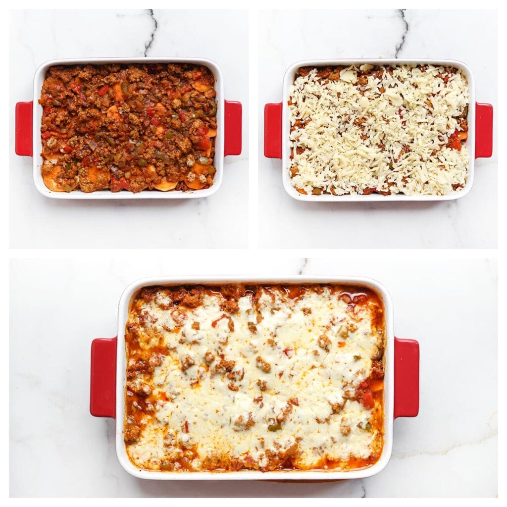 Haal de ovenschaal voorzichtig uit de oven en verwijder het bakpapier en de folie. Strooi wat geraspte kaas over de bovenkant en zet de schaal nog 5 minuten terug in de oven, tot de kaas mooi is gesmolten.