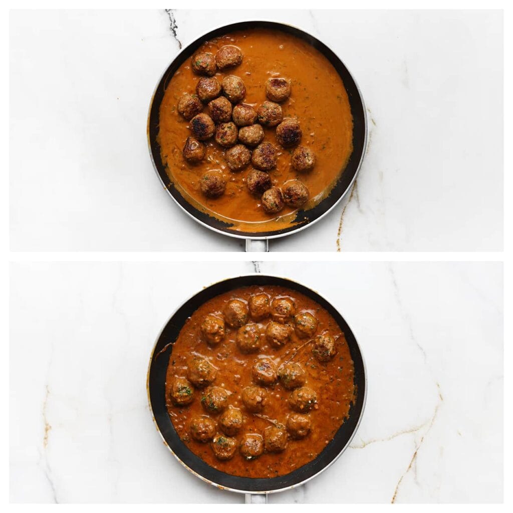 Voeg de gehaktballen toe aan de saus en laat ze 2-3 minuten op laag vuur sudderen.