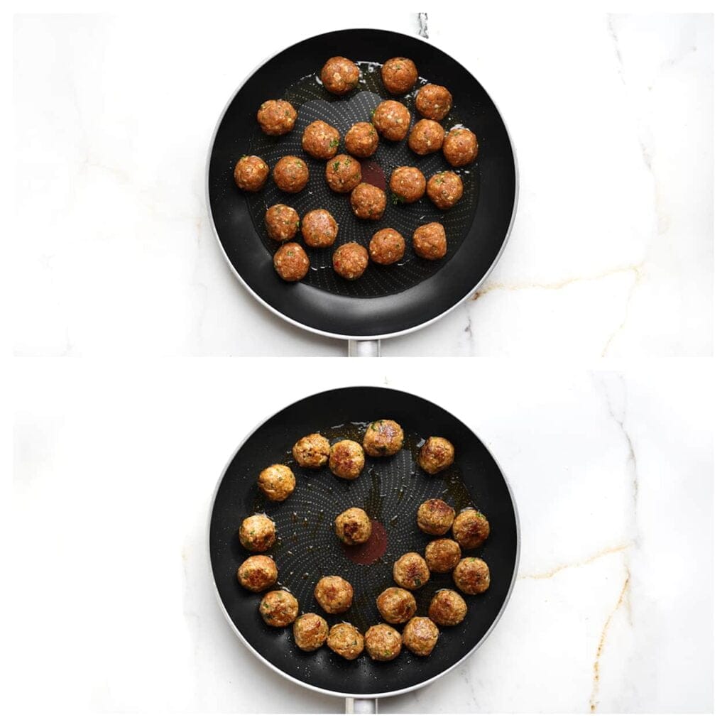 Verhit de zonnebloemolie in een koekenpan en bak de gehaktballen rondom bruin en gaar. Haal de gehaktballen voorzichtig uit de pan en zet apart.