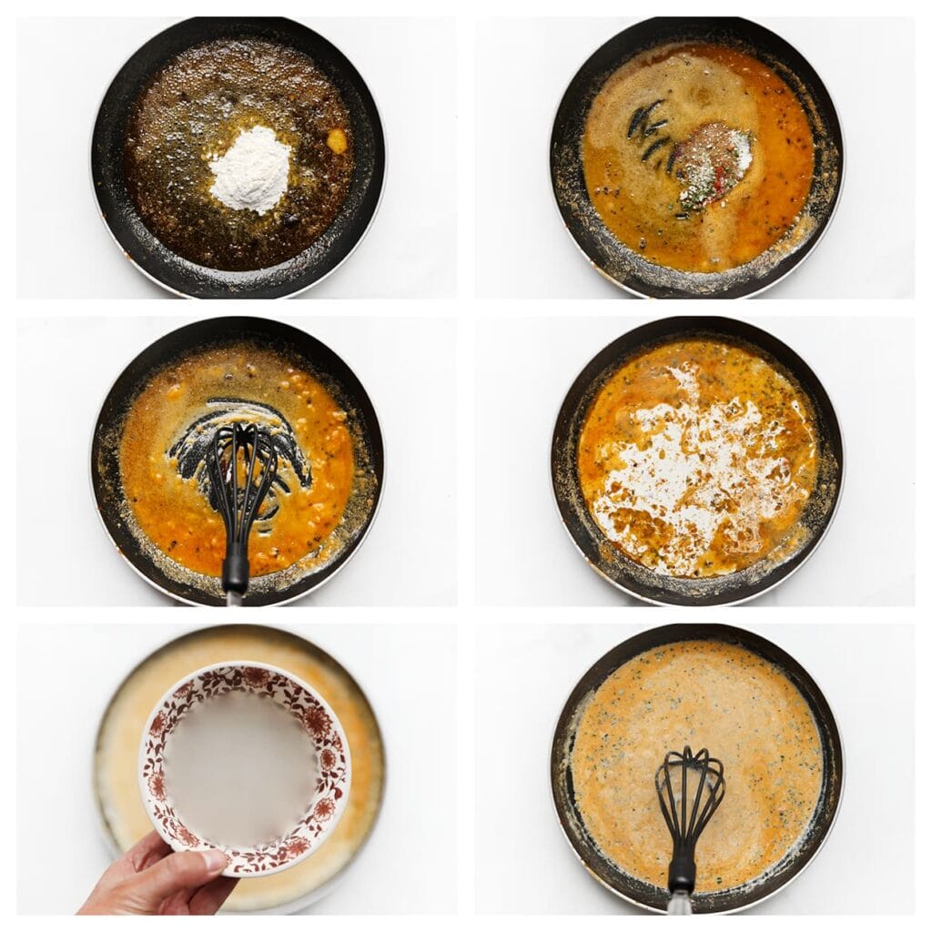 Verhit de roomboter in dezelfde koekenpan op middelhoog vuur. Voeg de bloem toe en roer met een garde tot een geheel. Voeg vervolgens zout, knoflookpoeder, komijn en tijm toe en meng goed. Schenk de melk en het apart gehouden pastawater erbij, en kook 2-3 minuten tot een gladde saus ontstaat.