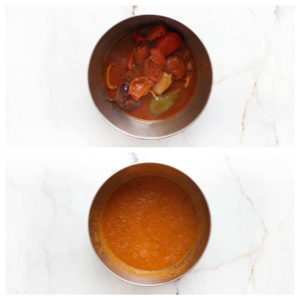 Pureer het groentemengsel met een staafmixer tot een gladde saus.