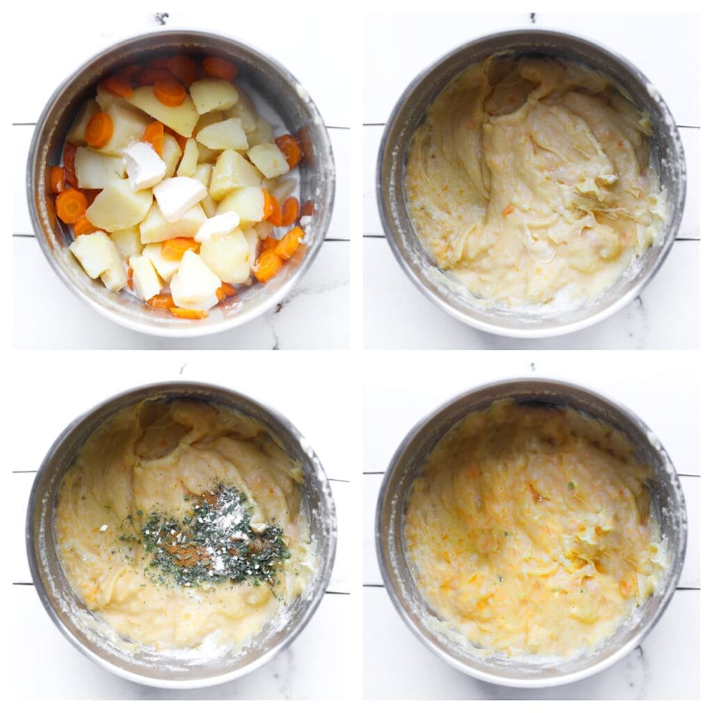 Voeg de roomboter toe en stamp of prak de groenten tot een gladde puree. Voeg het zout, de zwarte peper, ras el hanout, gedroogde peterselie en de melk toe en meng alles goed door elkaar.