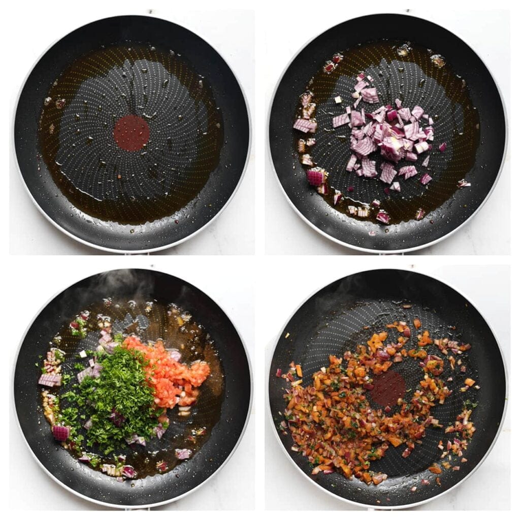 Bak in dezelfde pan de rode ui, tomaat en gehakte peterselie voor 3-4 minuten tot ze zacht zijn.