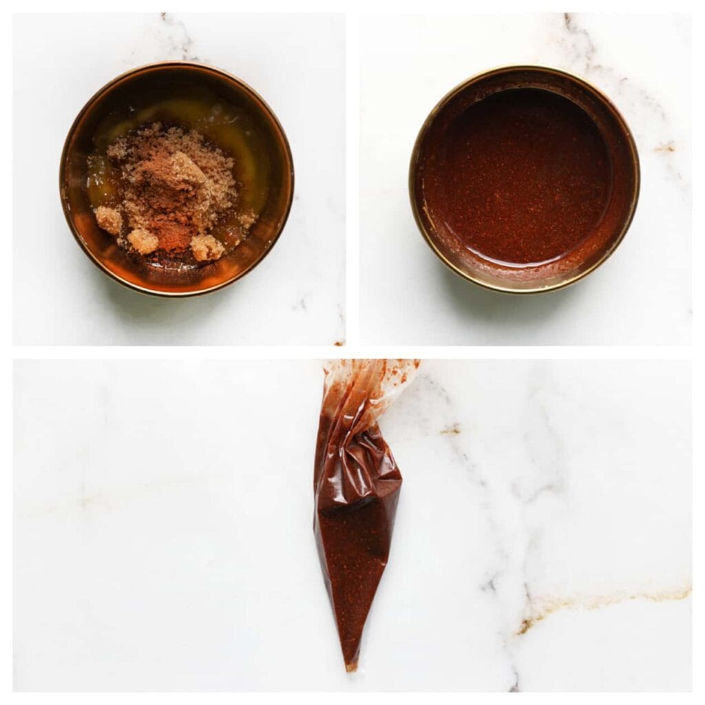 Smelt de roomboter (35 g) en meng met de bruine basterdsuiker en kaneelpoeder. Doe ook dit mengsel in een spuitzak.