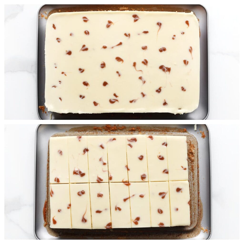 Snijd de cake in stukken en geniet van de heerlijke combinatie van zachte cake en smeuïge vulling. Bismillah, geniet ervan!