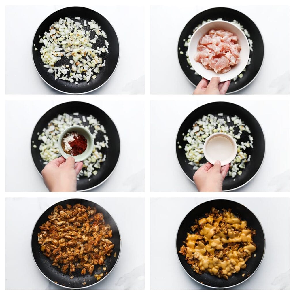 Verhit de olijfolie in een koekenpan op middelhoog vuur. Voeg de gesnipperde ui toe en bak 3-4 minuten. Voeg vervolgens de kip, zout, komijn, paprikapoeder, cayennepeper, gedroogde peterselie, knoflookpoeder, uienpoeder en water toe. Bak het geheel 5-6 minuten totdat de kip gaar is. Haal de pan van het vuur en voeg de cheddar kaas toe zodat deze smelt.