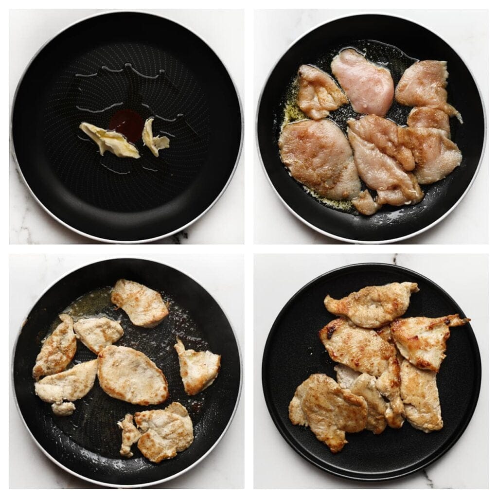 Verhit de roomboter en olijfolie in een koekenpan op middelhoog vuur. Bak de kip aan beide kanten gaar en haal de kip uit de pan.