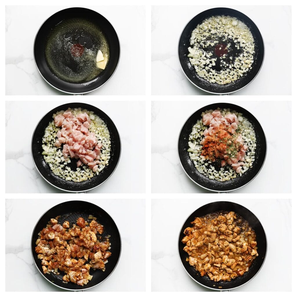 Verhit de roomboter samen met de olijfolie in een grote koekenpan op middelhoog vuur. Voeg de gesnipperde ui toe en bak 3-4 minuten tot deze zacht is. Voeg vervolgens de kippendijen, knoflookpoeder, ras el hanout, cayennepeper en gedroogde peterselie toe. Bak het geheel 5-6 minuten tot de kip gaar is.