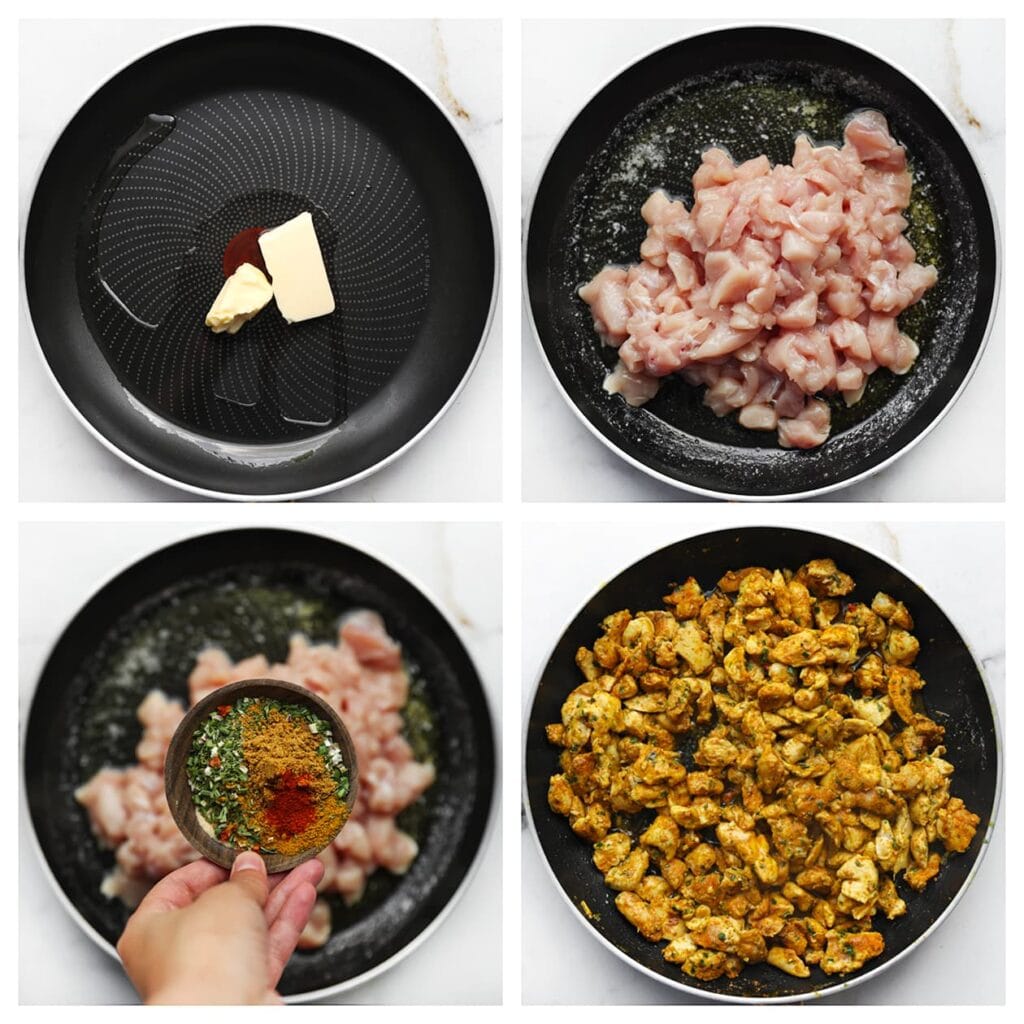 Verhit de roomboter samen met de olijfolie in een koekenpan op middelhoog vuur. Voeg de kippendijen toe, gevolgd door de currypoeder, komijnpoeder, korianderpoeder, knoflookpoeder, cayennepeper, zout, gedroogde peterselie en kurkumapoeder. Bak de kip in 5-6 minuten goudbruin en gaar.