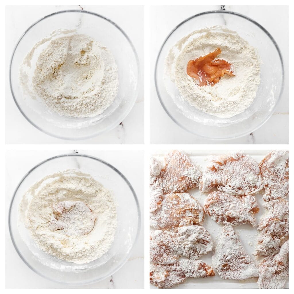 Haal de stukjes kip eerst door de bloemmix en leg ze vervolgens op een vel bakpapier.