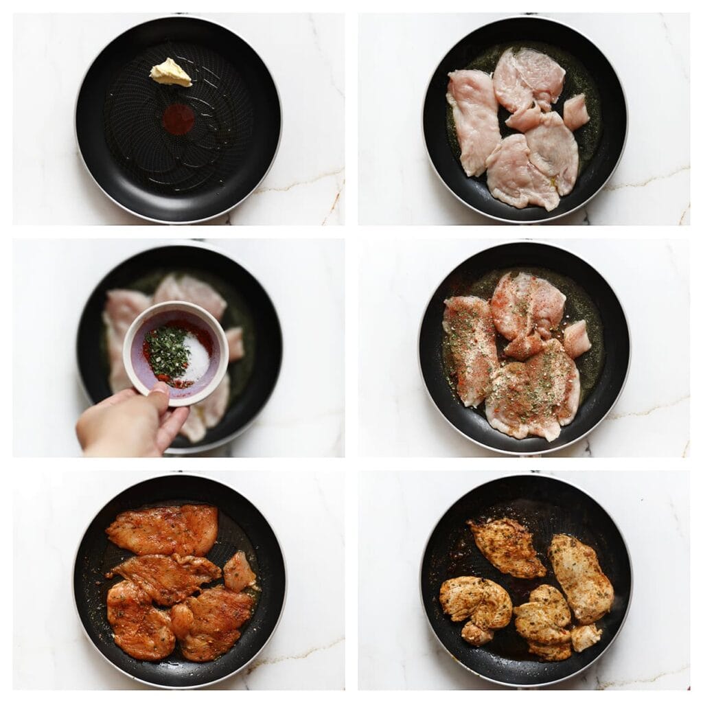 Verhit de roomboter en olijfolie in een koekenpan op middelhoog vuur. Voeg de kippendijen, knoflookpoeder, uienpoeder, cayennepeper, zwarte peper, komijn en zout toe. Bak de kippendijen in 6-7 minuten gaar, keer halverwege.