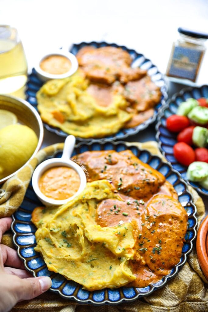 Kip in Ras el Hanout Saus met Aardappel-Wortelpuree eindresultaat Kookmutsjes