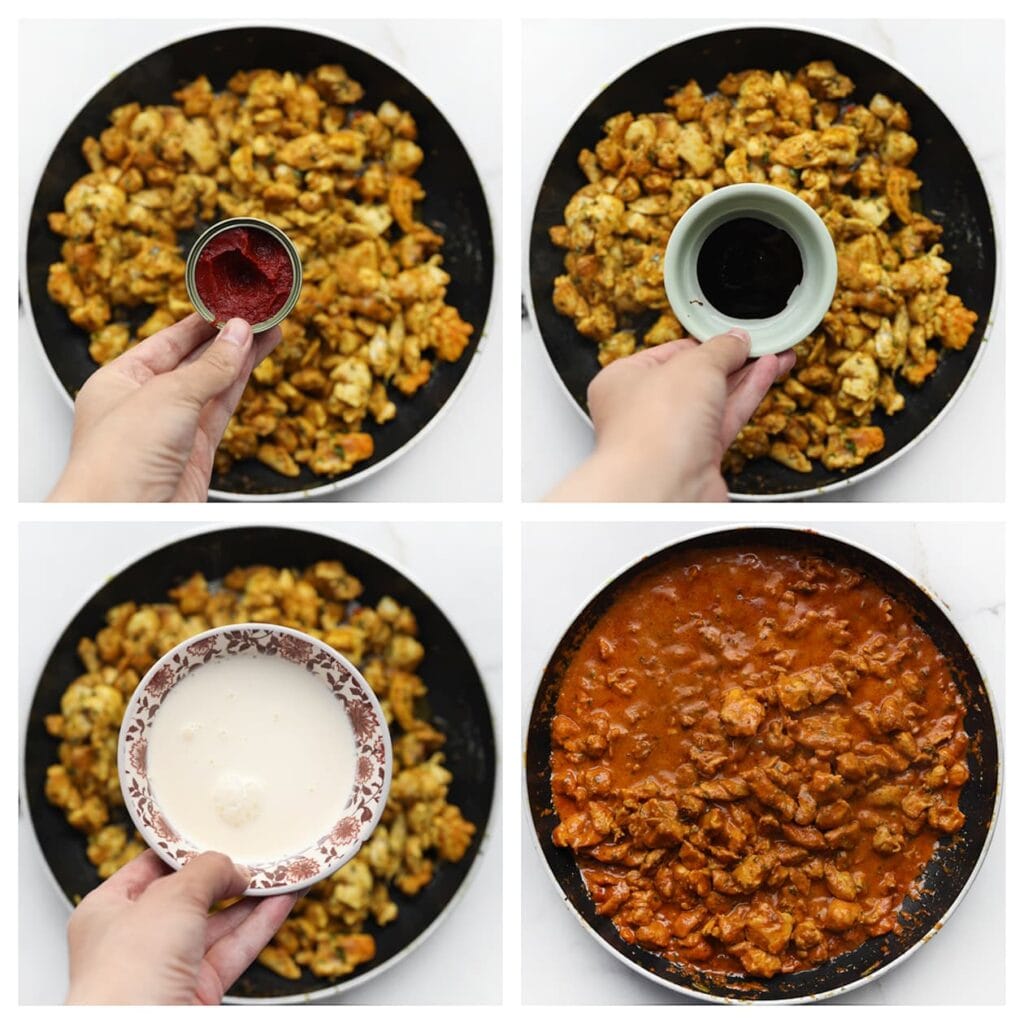 Voeg de tomatenpuree, ketjap manis en ongeklopte slagroom toe. Zet het vuur iets hoger en laat het geheel 5-7 minuten indikken, terwijl je regelmatig roert.