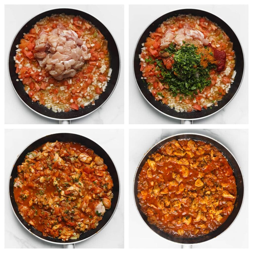 Voeg de kippendijen, ras el hanout, komijn, cayennepeper, knoflookpoeder, zout, tomatenpuree, verse peterselie en water toe. Meng alles goed door elkaar en zet het vuur hoog. Zodra het mengsel begint te sudderen, zet je het vuur laag. Dek de pan af en laat het gerecht 25-30 minuten zachtjes koken, tot de kip mals is en de smaken goed zijn ingetrokken.