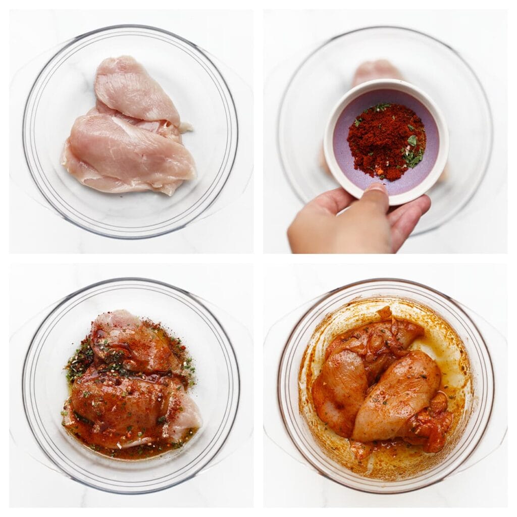 Was de kip en snijd deze in plakken. Leg de kip in een diepe kom en voeg zout, komijn, knoflookpoeder, cayennepeper, paprikapoeder, gedroogde peterselie en olijfolie toe. Meng alles goed door elkaar.