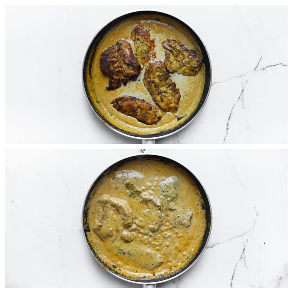 Zet het vuur lager en voeg de kip weer toe. Laat nog 2-3 minuten zachtjes koken.