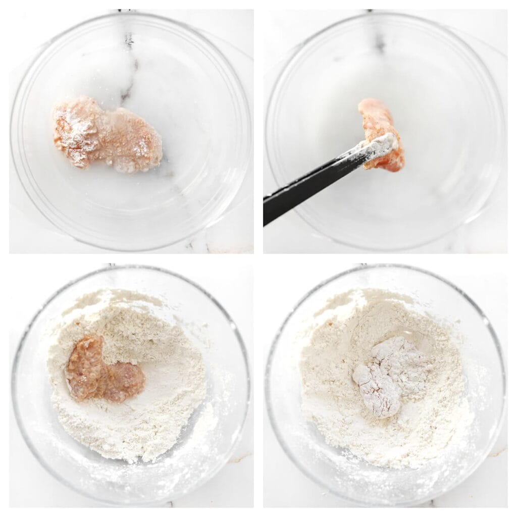 Dompel de kip daarna in een kom met water en vervolgens opnieuw door het bloemmengsel voor een extra krokante laag.