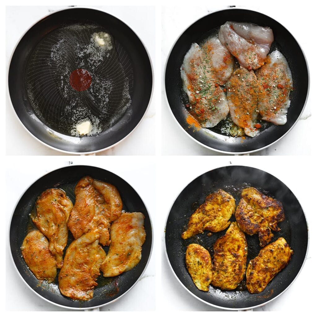 Verhit de roomboter en olijfolie in een koekenpan op middelhoog vuur. Voeg de kipfilet toe samen met het zout, ras el hanout, cayennepeper, knoflookpoeder, gedroogde peterselie en kaneelpoeder. Bak de kip in 6-7 minuten gaar, keer halverwege om.