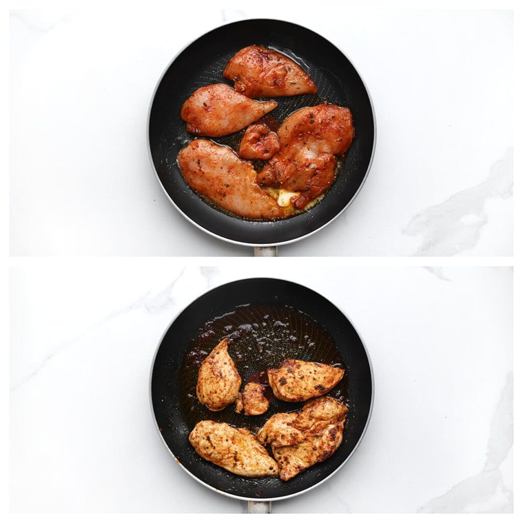 Verhit een koekenpan op middelhoog vuur en bak de kip 4-5 minuten aan elke kant, of tot deze goudbruin en gaar is. Haal de kip uit de pan en zet apart.