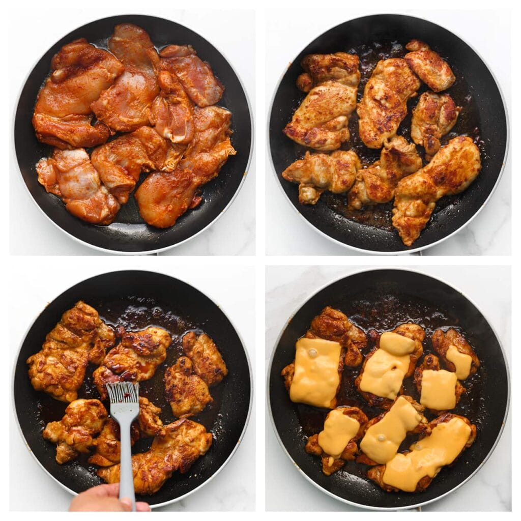 Verhit een koekenpan op middelhoog vuur en bak de kippendijen aan beide kanten goudbruin en gaar. Bestrijk de kip tijdens het bakken met het sausje. Haal de kip uit de pan en leg er meteen cheddar kaas op, zodat deze smelt.