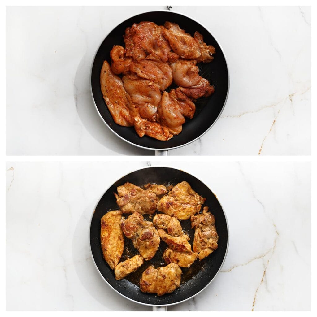 Verhit een koekenpan op middelhoog vuur en bak de kippendijen in 6-7 minuten gaar. Draai halverwege om.