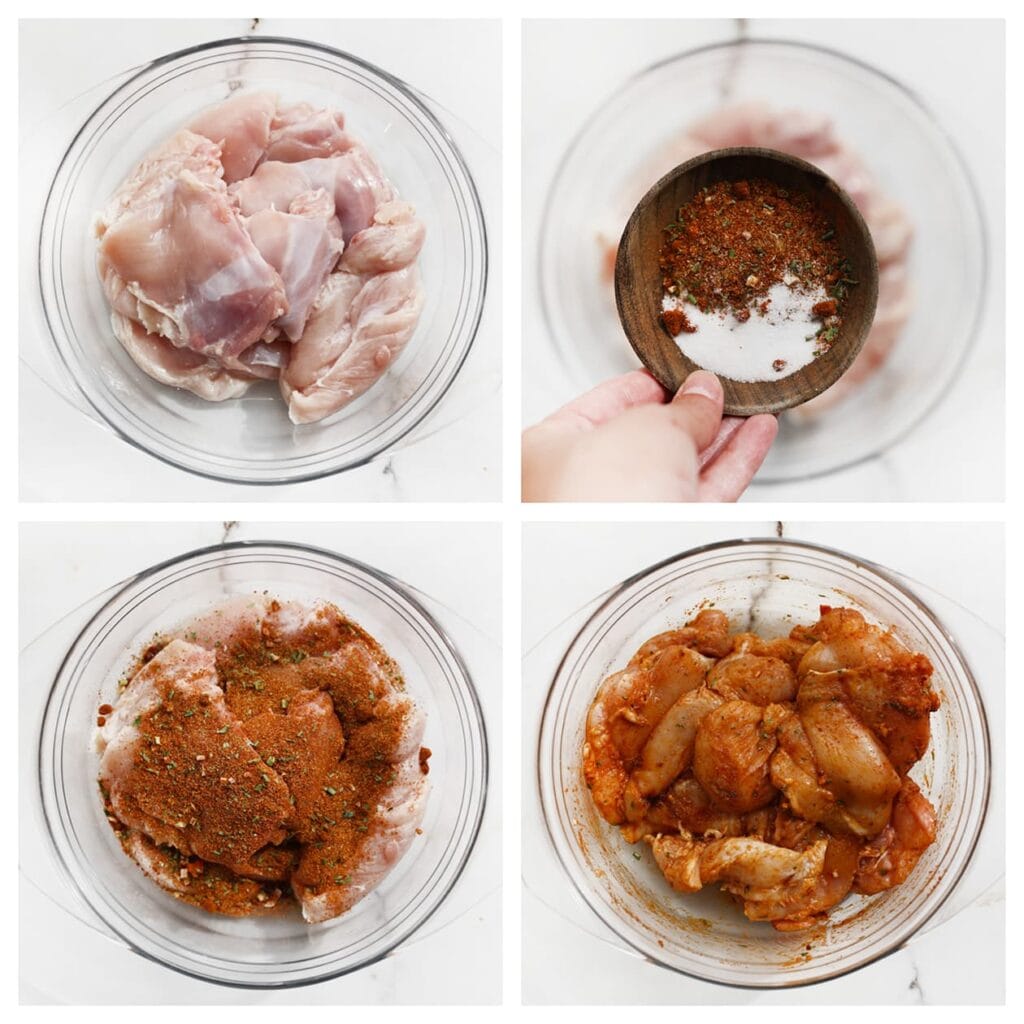 Was en snijd de kippendijen in stukken en doe ze in een diepe kom. Voeg 12 gram van het kruidenmengsel, het zout en de olijfolie toe. Meng goed.