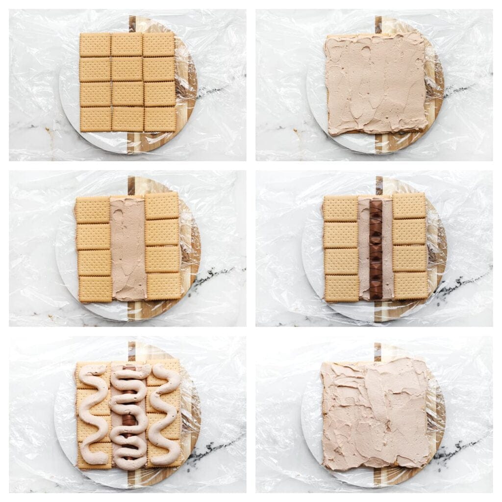 Leg een vel huishoudfolie in een schaal of op een onderlegger. Plaats de theebiscuits in drie rijen van drie op de folie. Verdeel een deel van het roommengsel gelijkmatig over de koekjes. Leg daarna aan de rechter- en linkerzijde nog een rij theebiscuits, en leg in het middengedeelte een rij chocolade. Spuit een extra laagje room over het geheel en verdeel dit gelijkmatig (bewaar wat room apart voor de garnering in de koelkast).