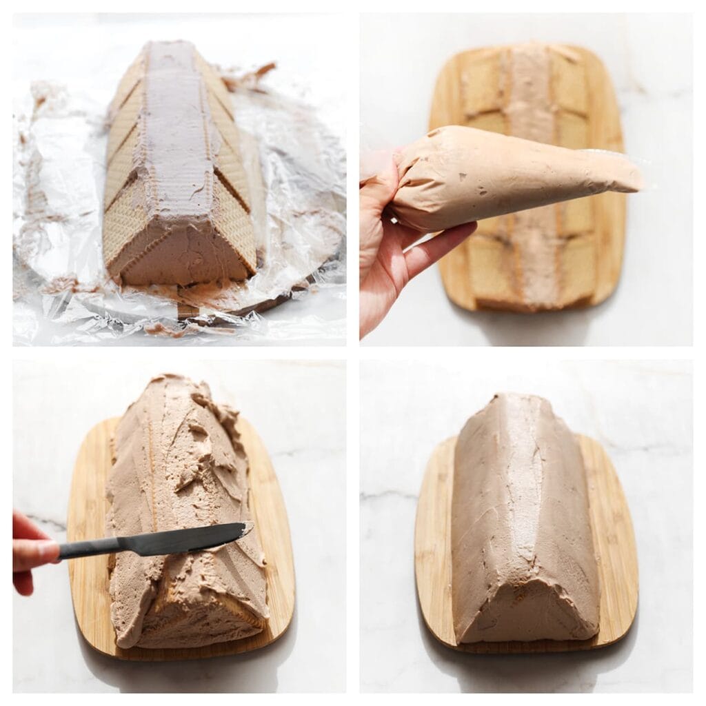 Smeer de buitenkant van het hazelnootdessert volledig in met de resterende room. Plaats het dessert in de koelkast en laat het een aantal uur opstijven, bij voorkeur een nacht, zodat de smaken goed kunnen intrekken.