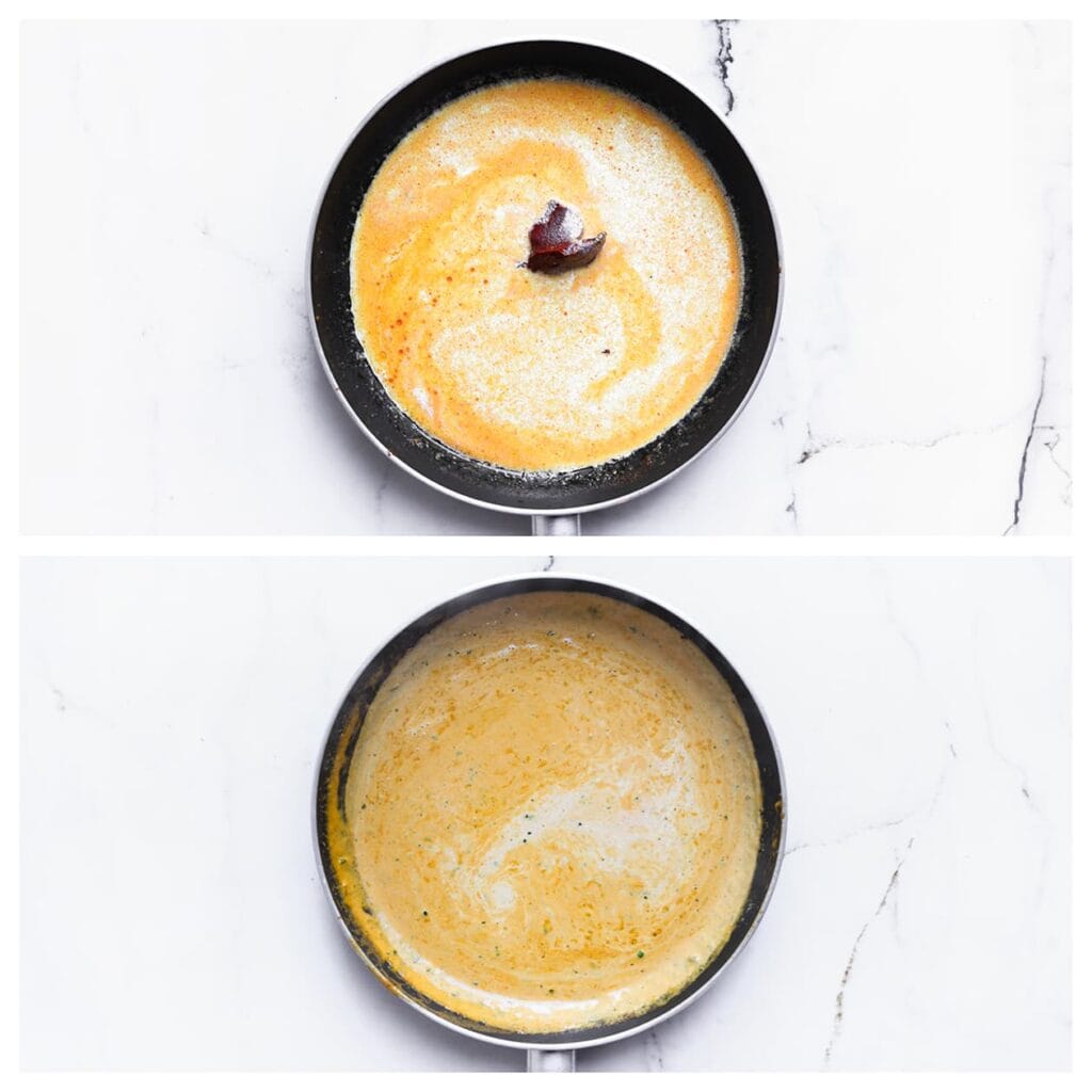 Gebruik dezelfde koekenpan om de saus te maken. Voeg de slagroom en tomatenpuree toe en roer goed door. Laat de saus op hoog vuur 5-7 minuten indikken, blijf regelmatig roeren.