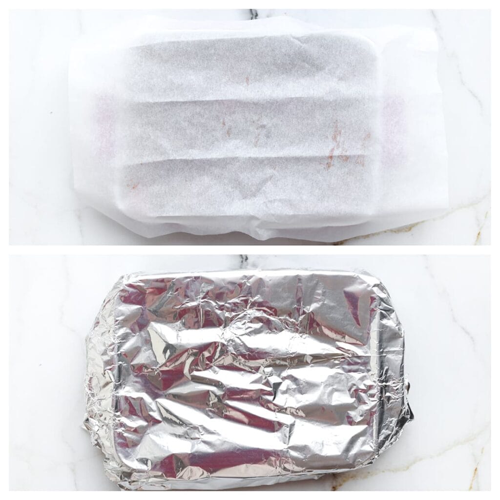 Bedek de ovenschaal met een vel bakpapier en daarover aluminiumfolie. Plaats de schaal in een voorverwarmde oven op 220 °C en bak 30-40 minuten, of totdat de zoete aardappel gaar is.