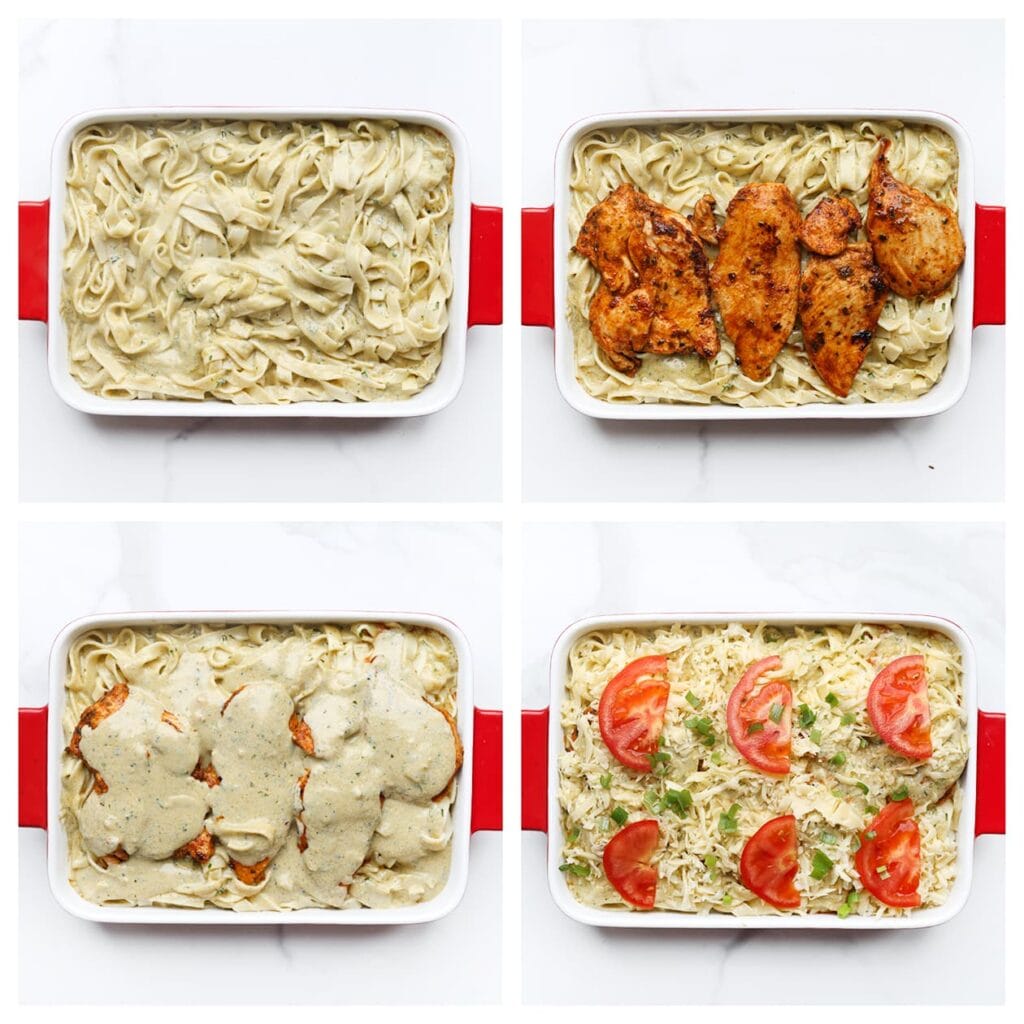 Verdeel de tagliatelle over een ovenschaal en leg de gebakken kip erbovenop. Giet de apart gehouden 175 gram saus erover, bestrooi met geraspte kaas en leg de schijfjes tomaat erop.