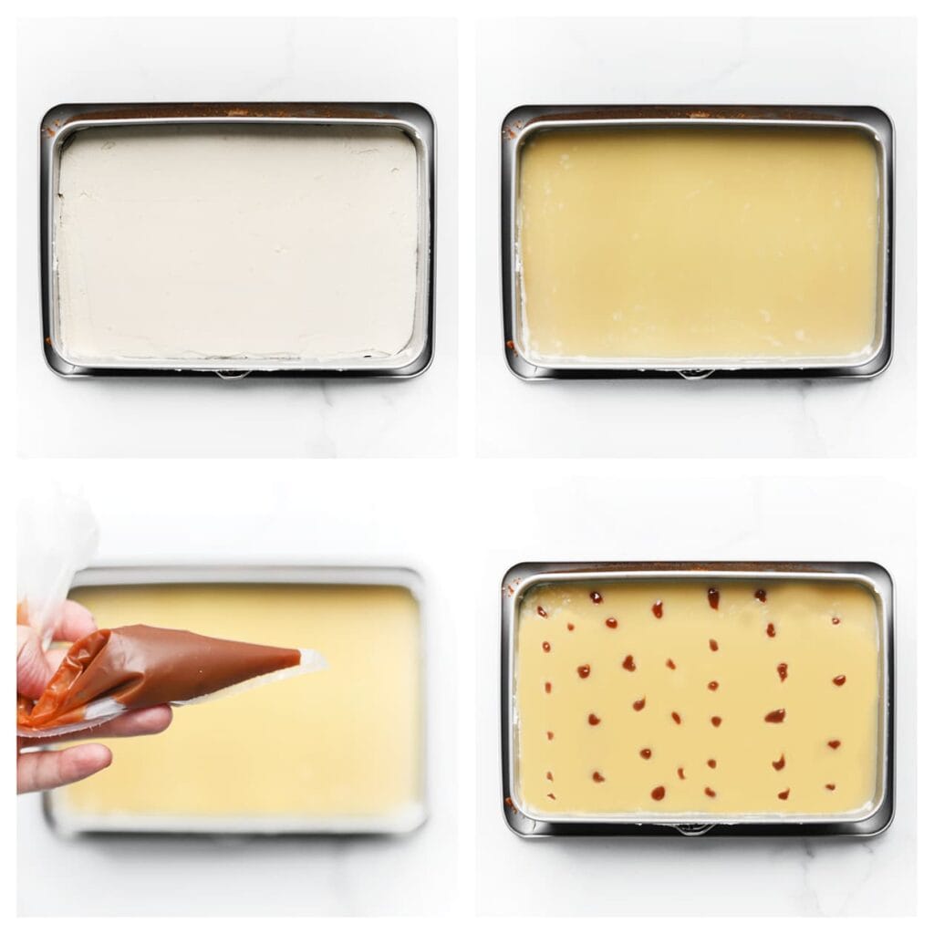 Giet de ganache over de cake en spuit er meteen kleine stipjes karamel op voor decoratie. Zet de cake afgedekt in de koelkast en laat hem minimaal 2-3 uur opstijven, bij voorkeur een hele nacht. Dit zorgt ervoor dat de smaken goed intrekken.