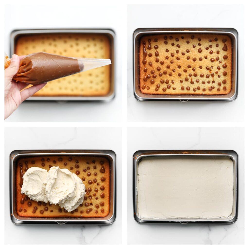 Doe de karamel in een spuitzak, knip het puntje weg en vul de gaten in de cake met de karamel. Smeer de slagroom gelijkmatig over de bovenkant van de cake totdat deze egaal bedekt is.