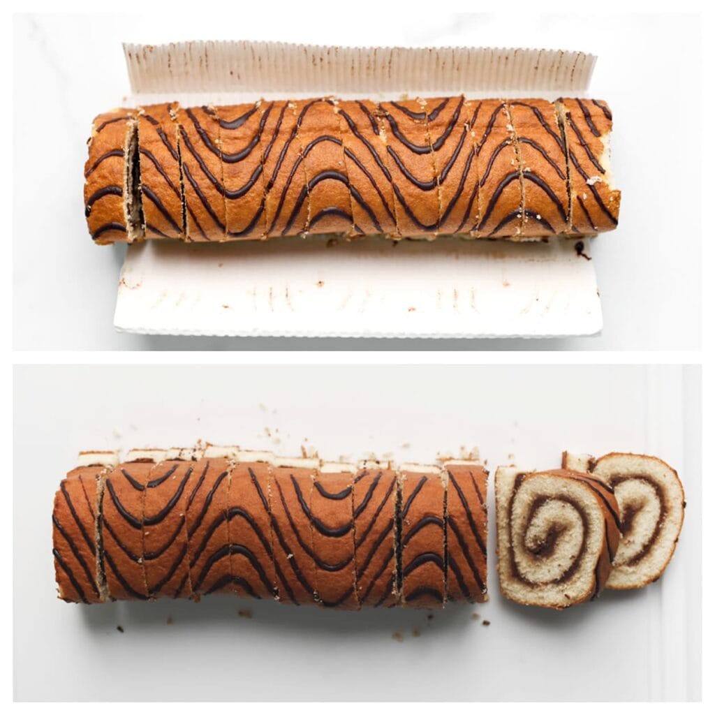 Snijd de rolcake in gelijke plakjes.