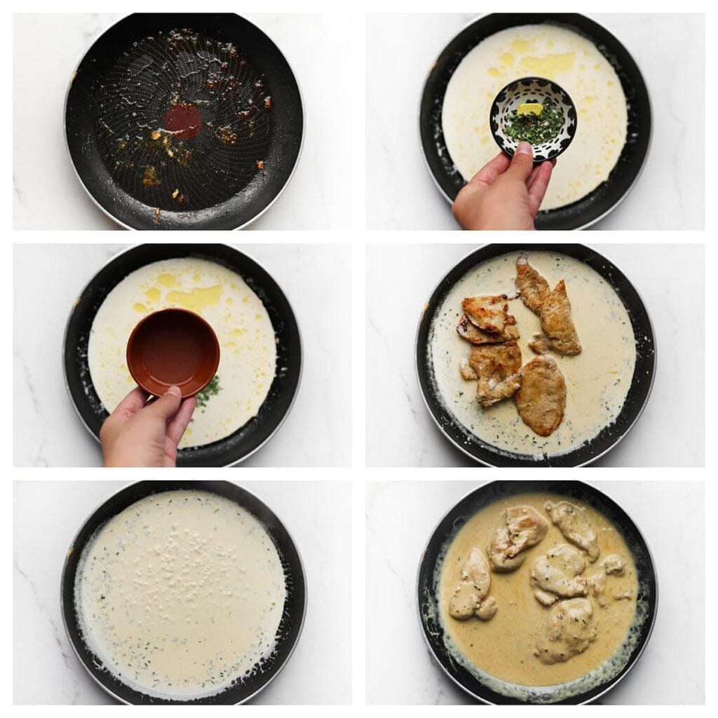 Voeg in dezelfde koekenpan de slagroom, citroensap, gedroogde peterselie en honing toe. Verkruimel het bouillonblokje boven de pan en laat de saus 5-6 minuten koken op hoog vuur, tot deze iets is ingedikt. Roer regelmatig. Zet het vuur laag, voeg de kip weer toe en laat nog 2-3 minuten sudderen.