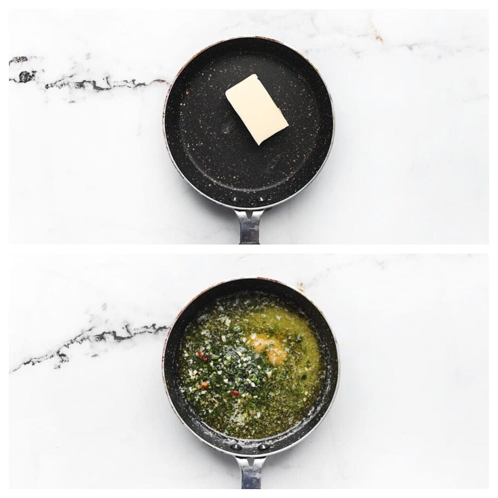 Smelt ondertussen de roomboter samen met de gedroogde peterselie en het knoflookpoeder op laag vuur. Roer goed door.