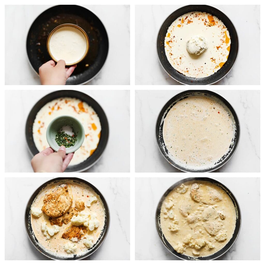 Voeg in dezelfde pan de ongeklopte slagroom, de resterende kruidenroomkaas, gedroogde peterselie en zout toe. Roer goed door en laat de saus 5-6 minuten op hoog vuur inkoken, tot deze wat dikker wordt. Voeg de kippendijen toe en laat nog 2-3 minuten mee pruttelen op laag vuur.