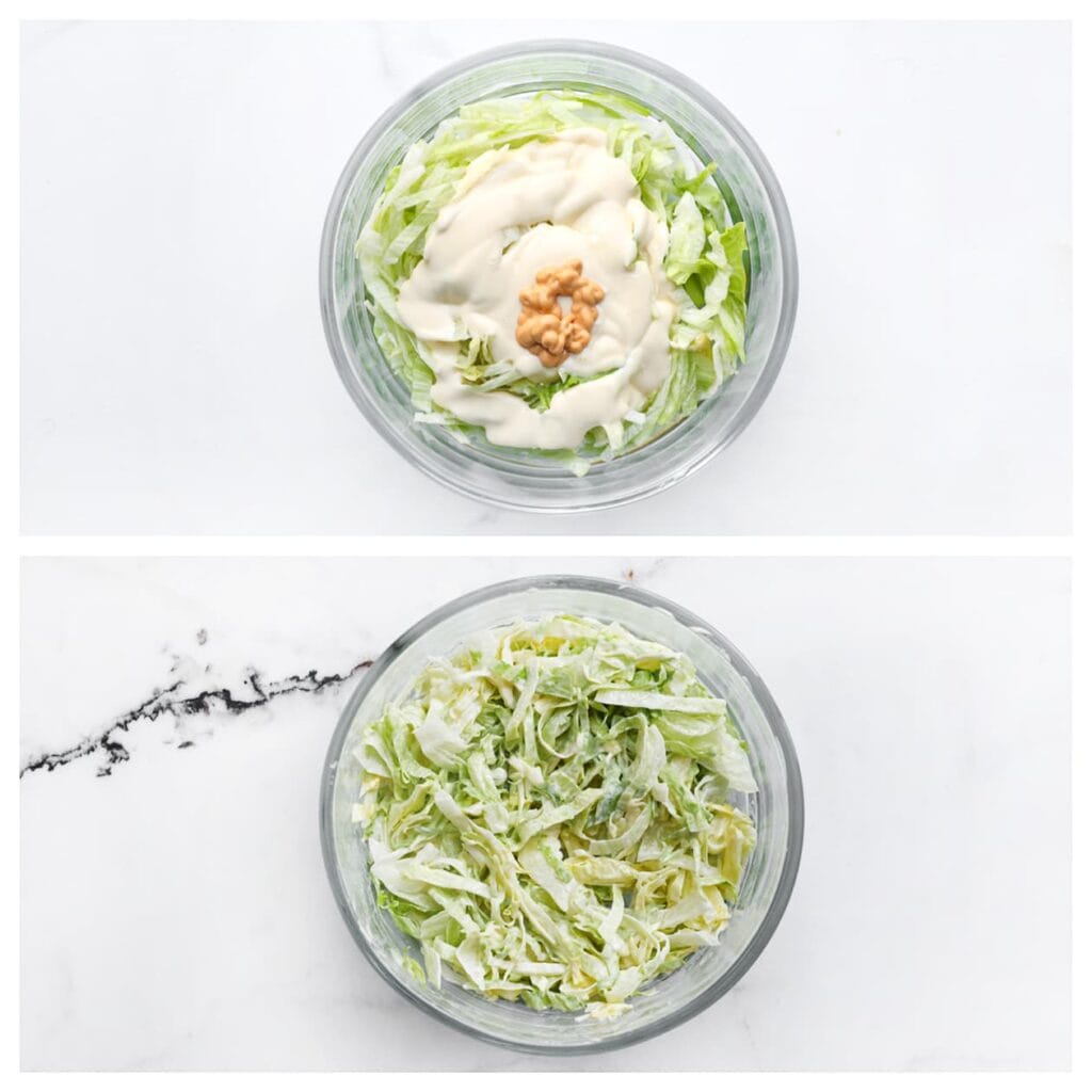 Meng de ijsbergsla met mayonaise en een scheutje samurai saus.