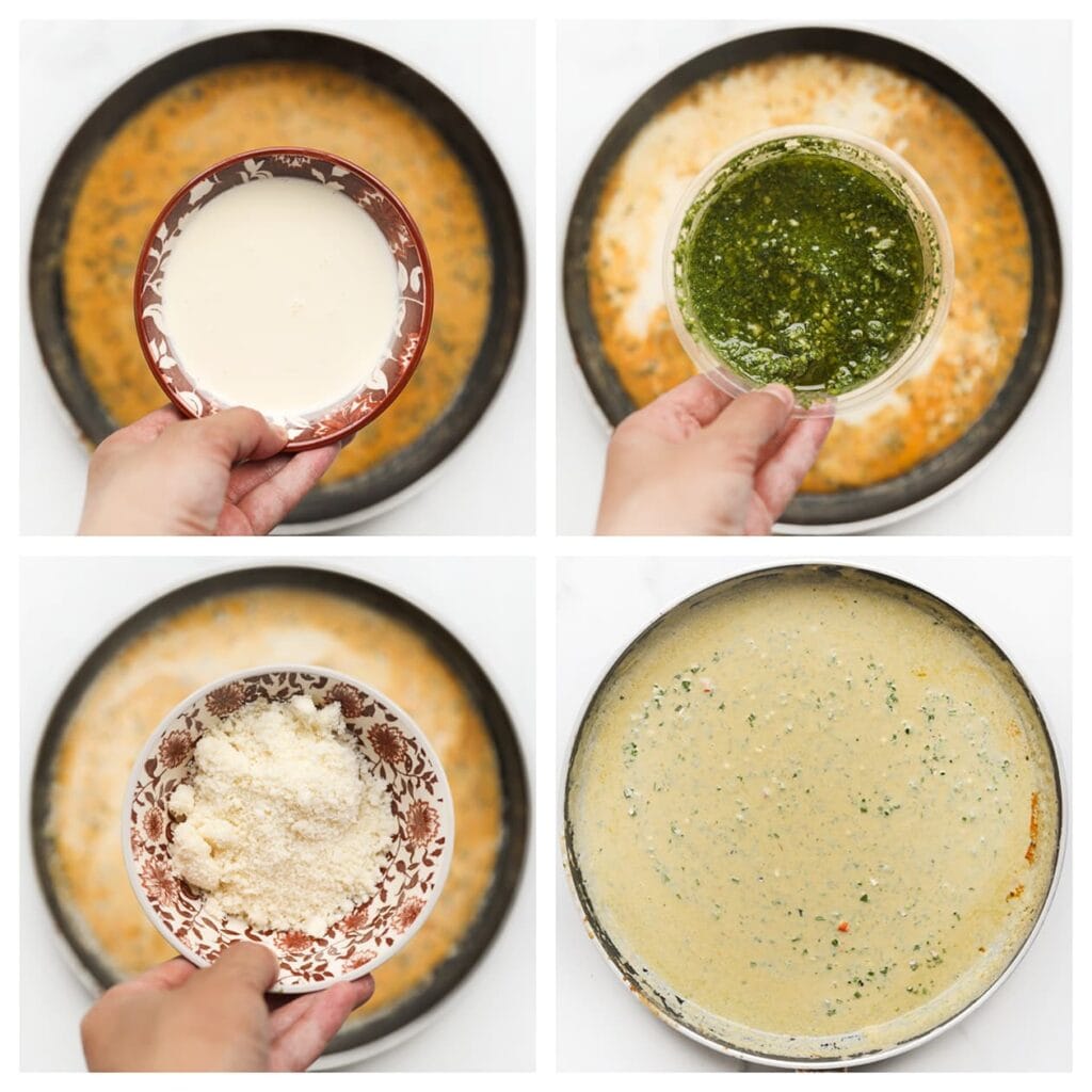 Voeg de ongeklopte slagroom, groene pesto en Parmezaanse kaas toe aan de saus. Laat dit 5-7 minuten zachtjes koken tot de saus is ingedikt. Zet 175 gram van de saus apart.