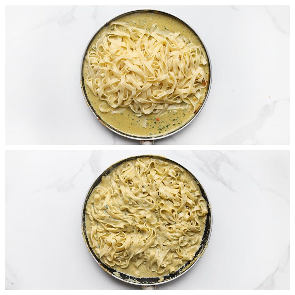 Meng de gekookte tagliatelle door de resterende saus.