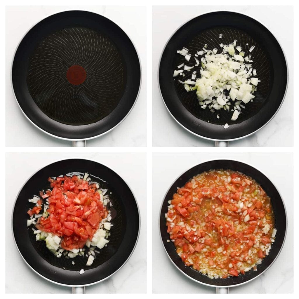 Verhit de olijfolie in een koekenpan op middelhoog vuur. Voeg de gesnipperde ui en tomaten toe. Bak 4-5 minuten.