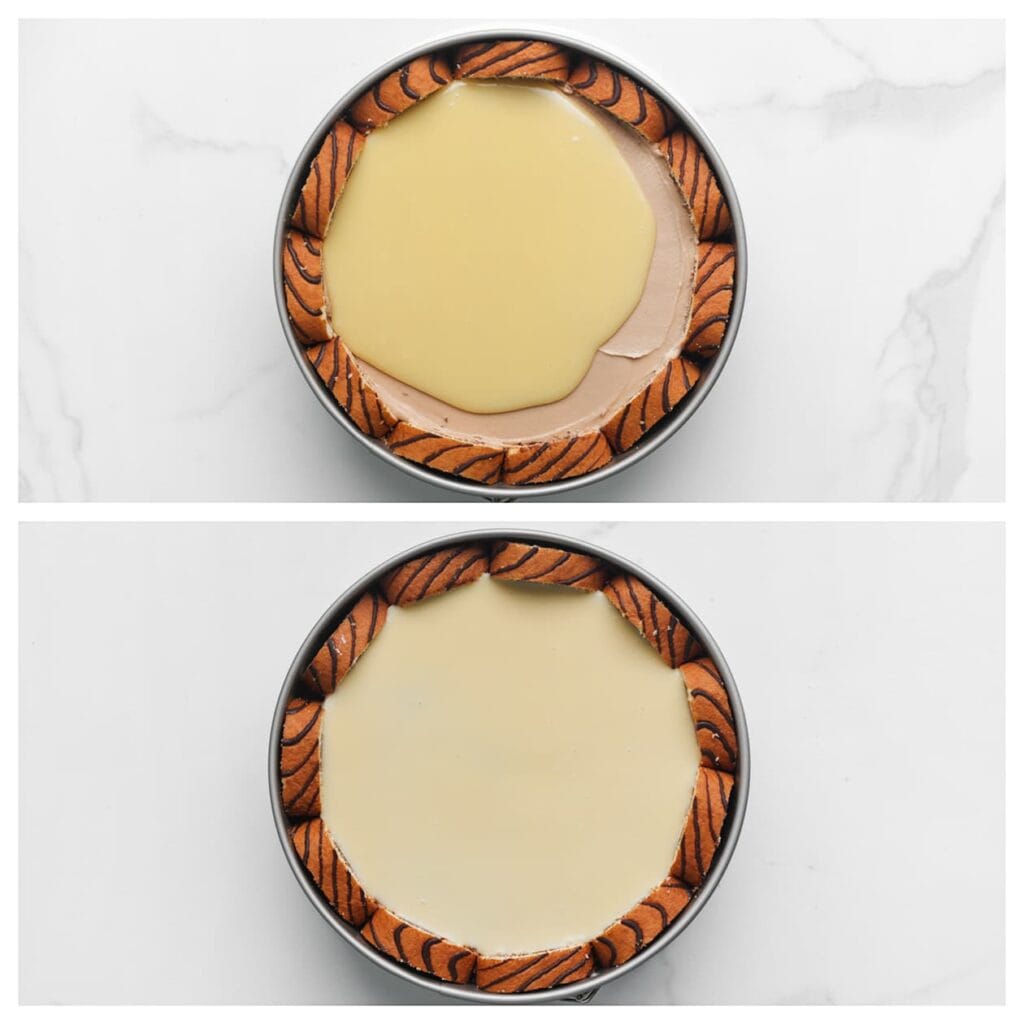 Giet de witte chocolade ganache over de chocoladeroom.