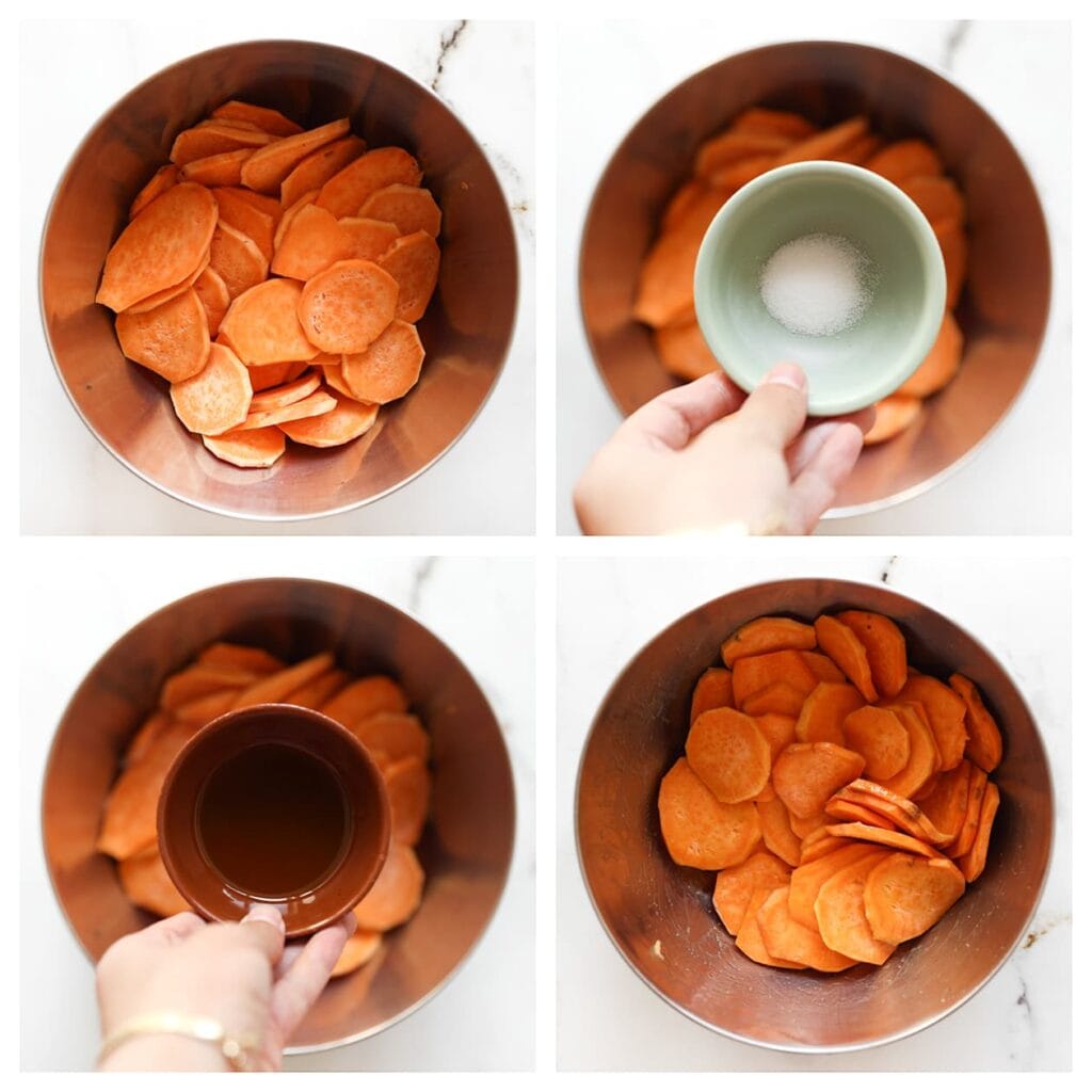 Schil en snijd de zoete aardappelen in plakjes. Doe ze in een kom en voeg het zout en wat olijfolie toe. Meng goed door elkaar en zet opzij.