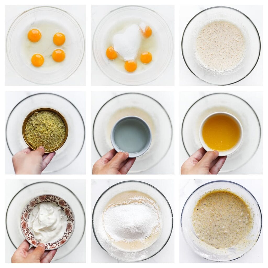 Breek de eieren in een kom. Voeg de witte basterdsuiker en vanillesuiker toe, en klop het mengsel tot het luchtig is. Voeg daarna de fijngemalen pistachenoten, zonnebloemolie, gesmolten roomboter en Griekse yoghurt toe. Mix alles tot een glad geheel. Zeef de bloem, maïzena en bakpoeder boven het beslag. Spatel dit voorzichtig door het mengsel, zonder te roeren.