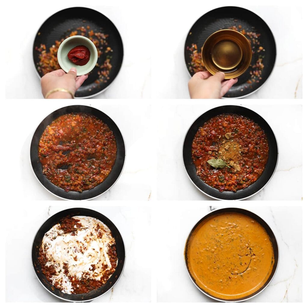 Voeg de tomatenpuree en water toe. Roer goed door en voeg de resterende kruidenmix, laurierblaadje, tijm en het verkruimelde bouillonblokje toe. Meng alles goed. Voeg de kokosmelk en ketjap manis toe en laat de saus 5-6 minuten koken, tot deze is ingedikt.