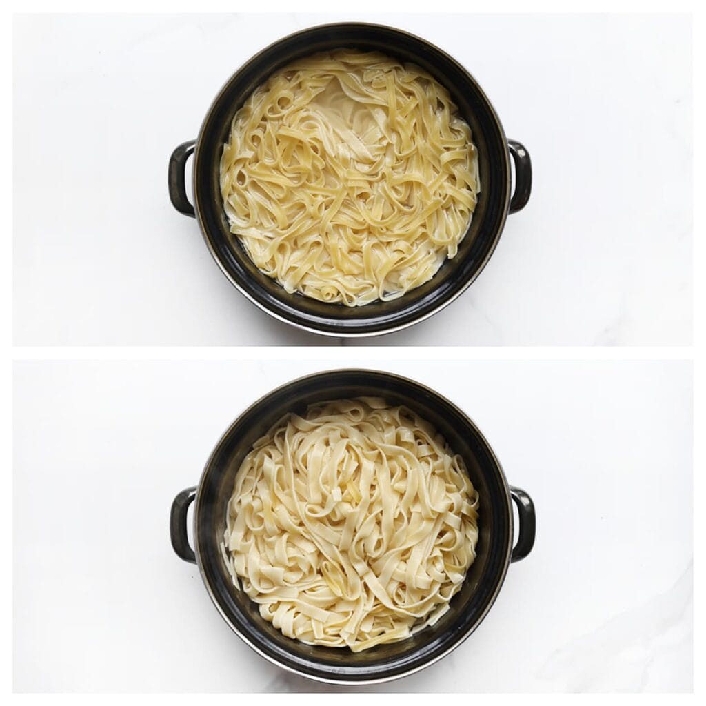 Breng een halfvolle pan water aan de kook. Zodra het water borrelt, voeg je het zout toe. Kook de tagliatelle in 10-13 minuten gaar. Schep voorzichtig 50 ml van het kookvocht uit de pan en zet dit apart. Giet de tagliatelle af.