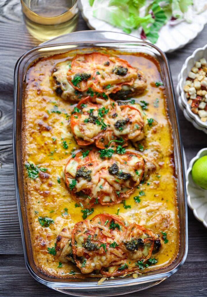 Aardappelplakjes in saus met kip pesto eindresultaat Kookmutsjes