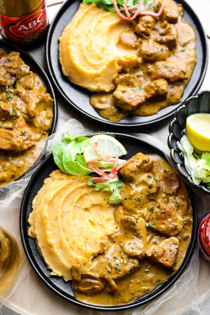 Aardappelpuree met zalm in kokosmelk eindresultaat Kookmmutsjes